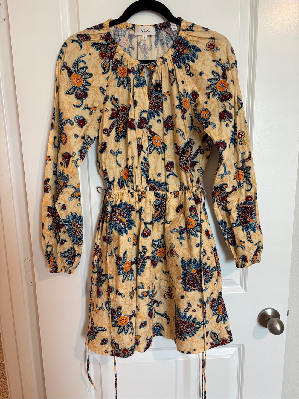A.L.C. Cream Floral Tie-Waist Long Sleeve Mini Dress with Blue and Mustard Print